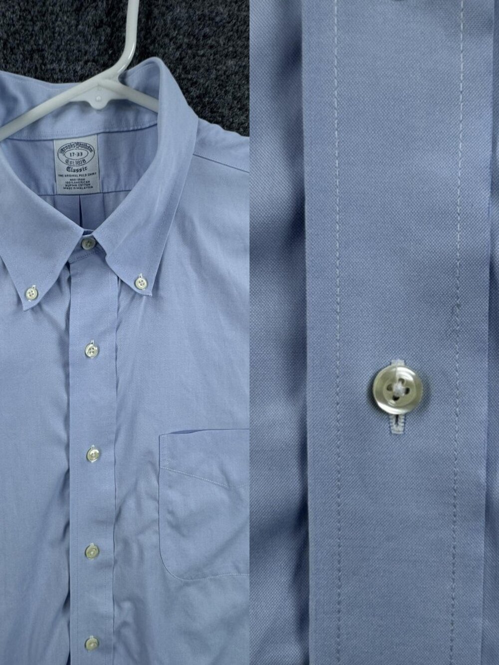 Brooks Brothers Supima Blue Non-Iron Button-Down 17 33 Classic Mens Solid Cotton